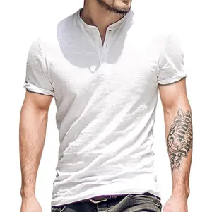 Mens Cotton Muscle Slim Fitted Sport Henley T-Shirt with Button