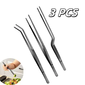 3 Pcs Fine Cooking Tweezers Set,Professional Stainless Steel Food Tongs,Kitchen Black Long Chef Tweezer for Cooking,Plating,Decorating and BBQ,Halloween Christmas Party Gifts,Hand Tools Kits