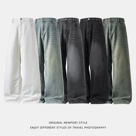 Men's Retro Washed Woven Denim Wide-Leg Jeans - Plain Black, Baggy Loose Fit, Pockets, Comfy, Fashion Streetwear, Year-Round Vintage Menswear Bottoms, Denim Men's Jeans, Baggy Jeans