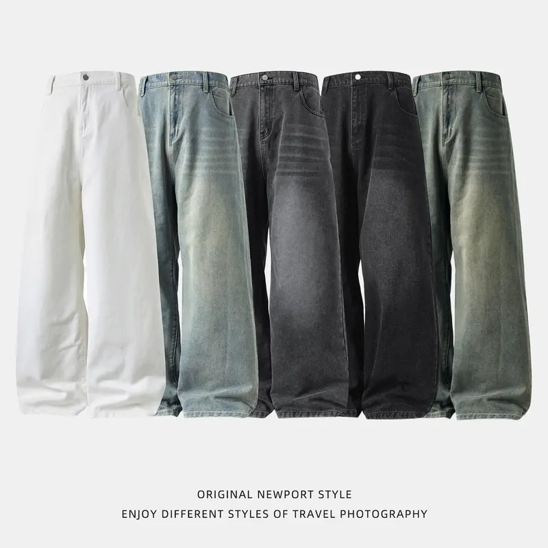 Men's Retro Washed Woven Denim Wide-Leg Jeans - Plain Black, Baggy Loose Fit, Pockets, Comfy, Fashion Streetwear, Year-Round Vintage Menswear Bottoms, Denim Men's Jeans, Baggy Jeans