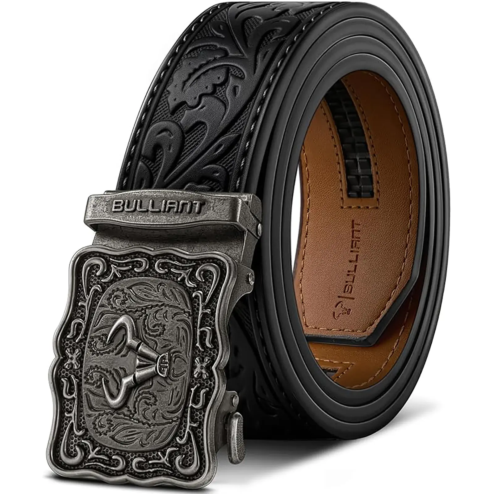 BULLIANT Cowboy Belt for Men, Ratchet Western Belt with Adjustable Western Buckle for Jeans and Casual Wear, Trim to Fit, Gift for Men