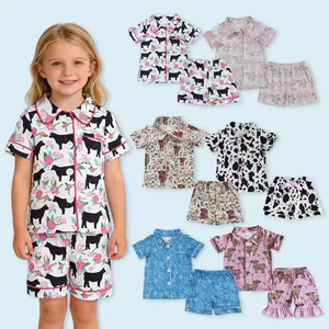 Western highland cow kids girls short sleeve pajama set