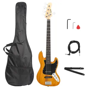 Gjazz 5-String Full-Size Electric Bass Guitar, Transparent Yellow, Rosewood Rock Pop Pickups with Complete Accessories