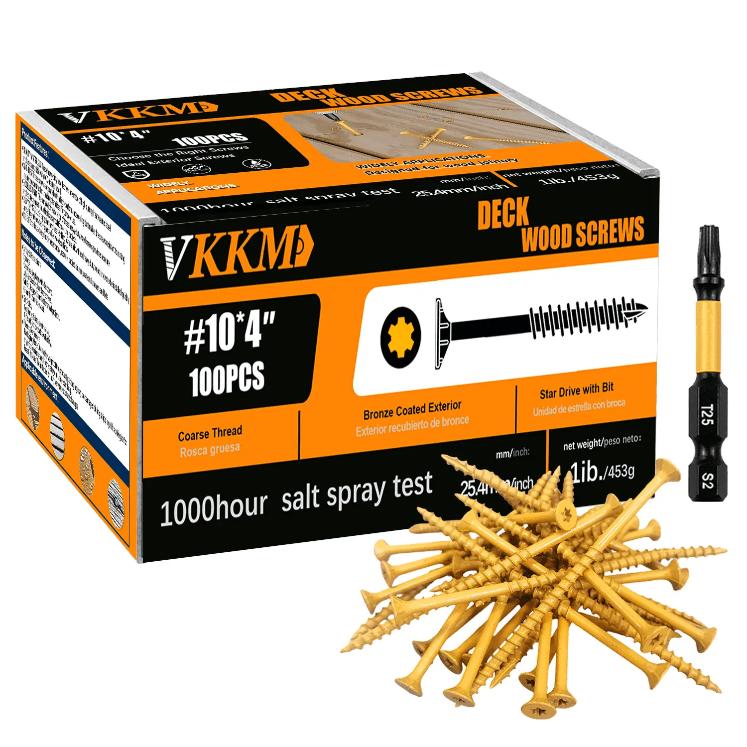 VKKM 100Pcs #10 x 4 Inch Bronze Torx Countersunk Wood Screws, Hardened Carbon Steel Anti-Oxidation Self Tapping Fasteners with Free T25 Bit for Indoor Cabinet, Furniture & Woodworking DIY Projects