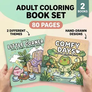 2pcs Adult Coloring Book, Comfy & Little Corner Theme, 80 Pages of Colorful Illustrations, Stunning designs, Interactive Opaque Super-Sensitive Paper for Leisure Painting, Beginner-Friendly, Designs for Art Enthusiasts, Perfect Gift for Holidays