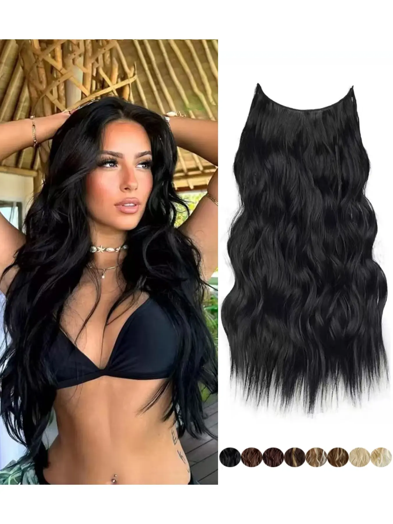 Water Wave Invisible Fish Line Hair Extensions For Women, Long Synthetic Curly Wire Hairpiece, Adjustable Wire With Extra Line, Multiple Shades Quick Daily Hair Makeover