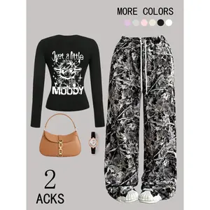 2026 New Popular Women's Fashion Versatile Drawstring Sports Camouflage Leaf Printed Low Waist Pants