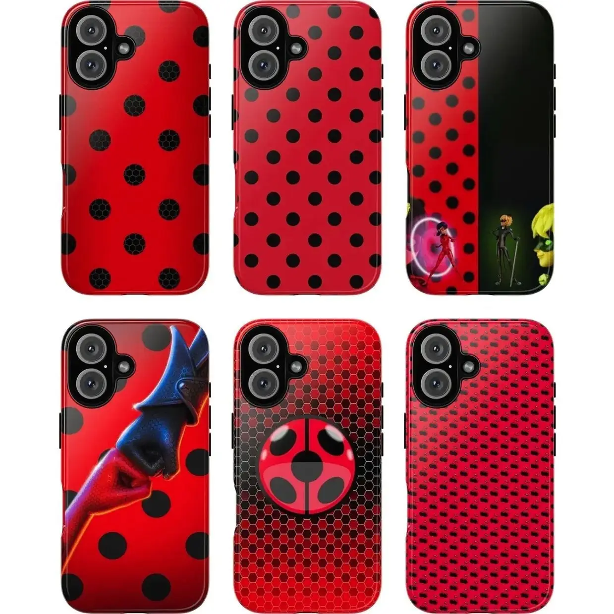 Miraculous Ladybug Phone Case, Red Black Polka Dot Inspired by Miraculous Ladybug Cartoon Characters Ladybug Cat Noir Minimal Geometric Style Hexagon