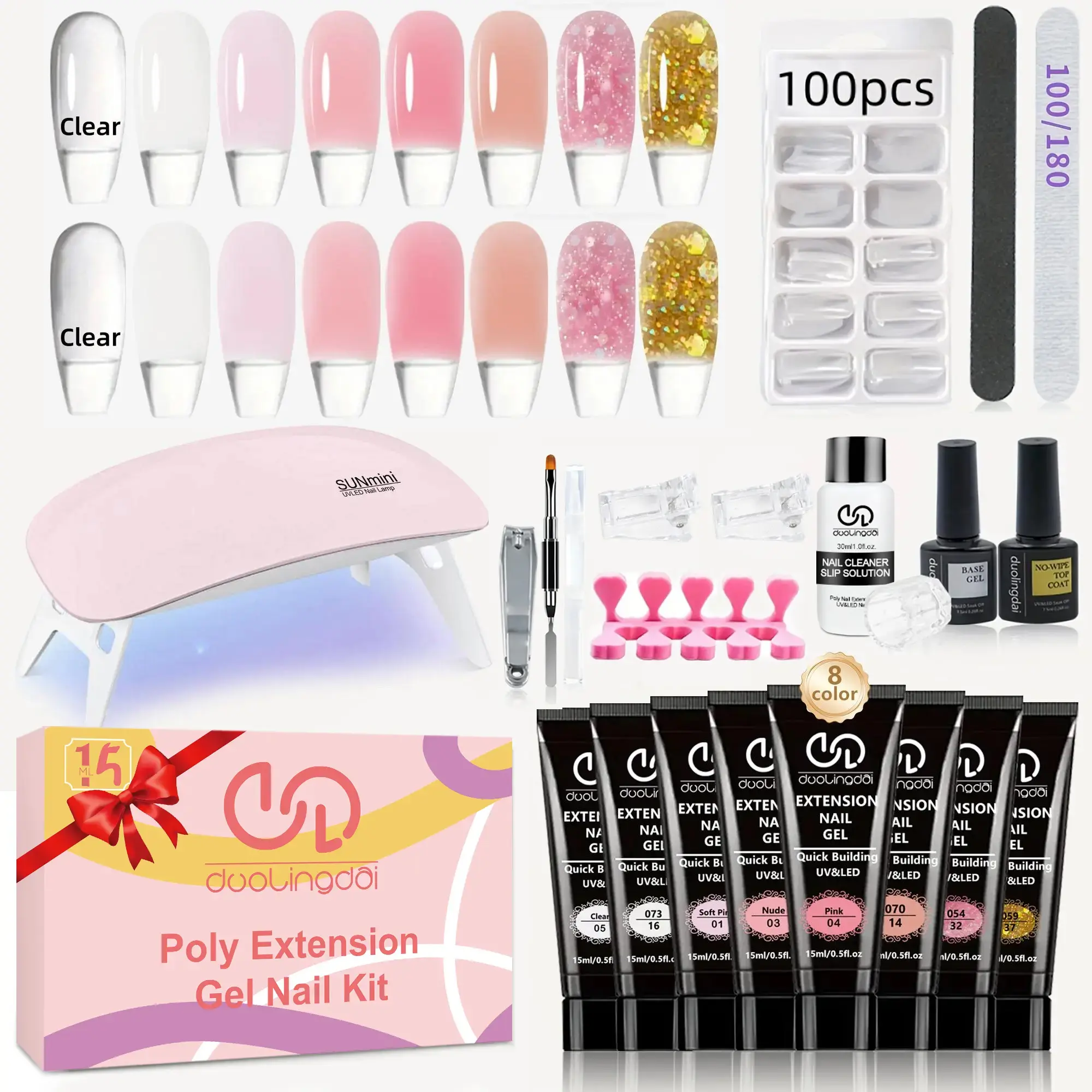 Long-lasting Poly Nail Gel Kit 8 Colors Pink Clear Glitter with UV Lamp, 1 Set Gel Extension Nail Kit with Slip Solution, Base Coat Top Coat, Nail Growth Oil, Polygel Nail Kit Nail Art Kits