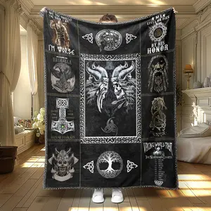 Viking Pattern Slogan Print Blanket, Soft Warm Throw Blanket, Air-conditioned Room Blanket, Comfy Napping Blanket for Home Office Travel