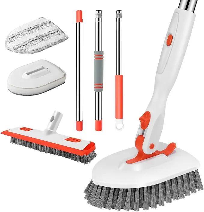 Floor Scrub Brush with Long Handle, 3-in-1 Scrape and Heavy-Duty Stiff Bristle Floor Scrubber Brush with