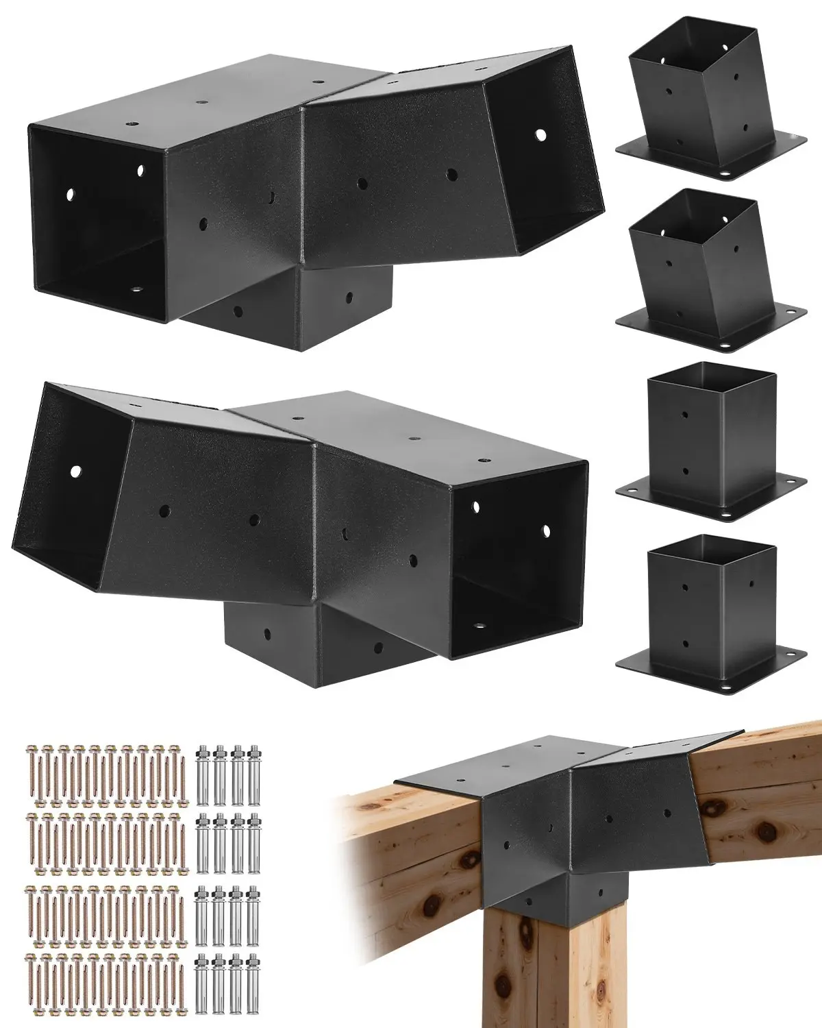 4x4 Inch Pergola Bracket Kit Inner 3.5x3.5 3-Way Slanted Brackets For DIY Post Assembly, Heavy Duty Steel, Galvanized Finish, Outdoor Deck Pergola Support, Weather Resistant, Easy Installation And Secure Connections