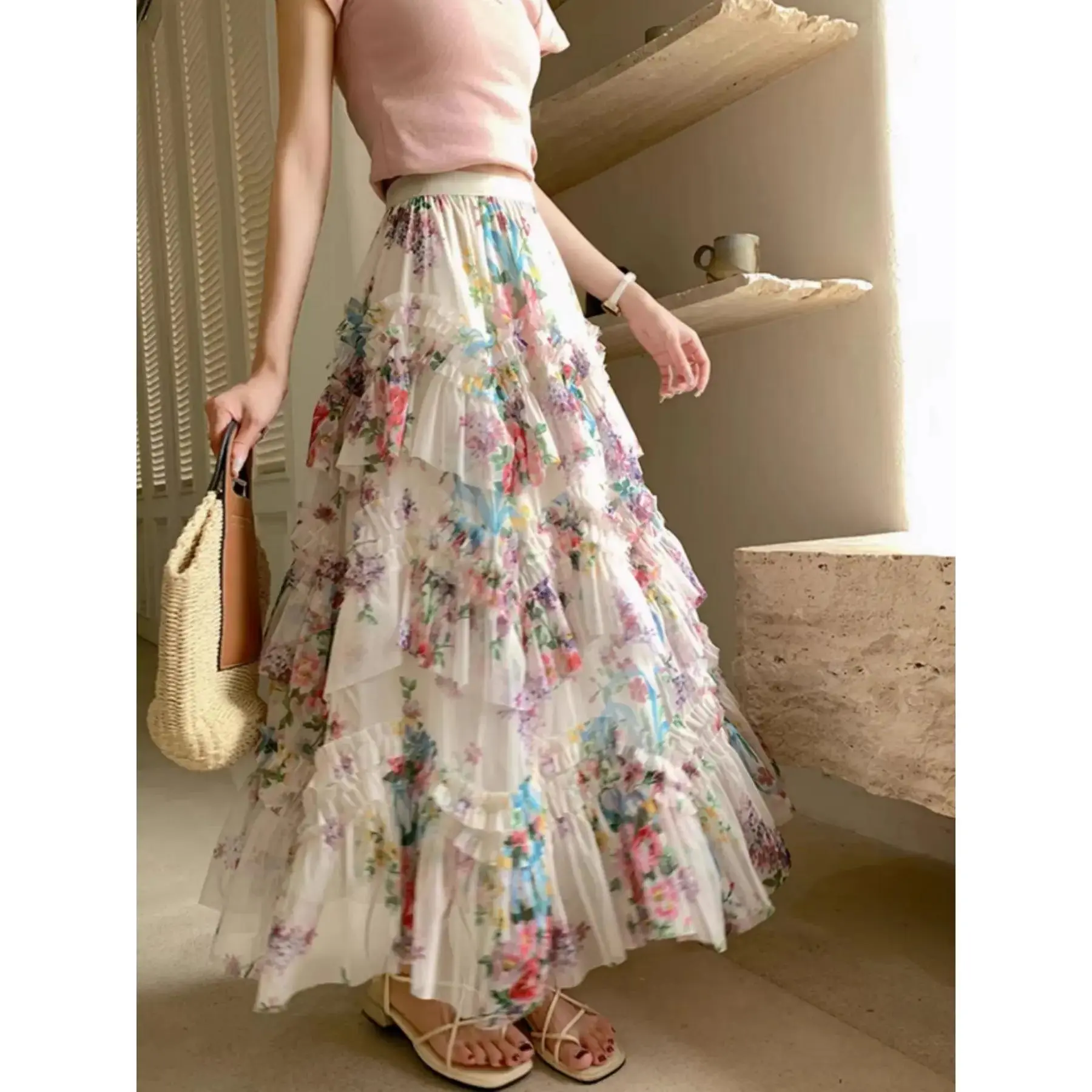 Women's Ocean-Style French Vintage Asymmetrical Hem Flowy Skirt - Loose A-Line Floor-Length Mesh Skirt with Ruffle Trim, Floral Embellishments, for Casual Party Wear, Skirts Women, Flowy Skirts