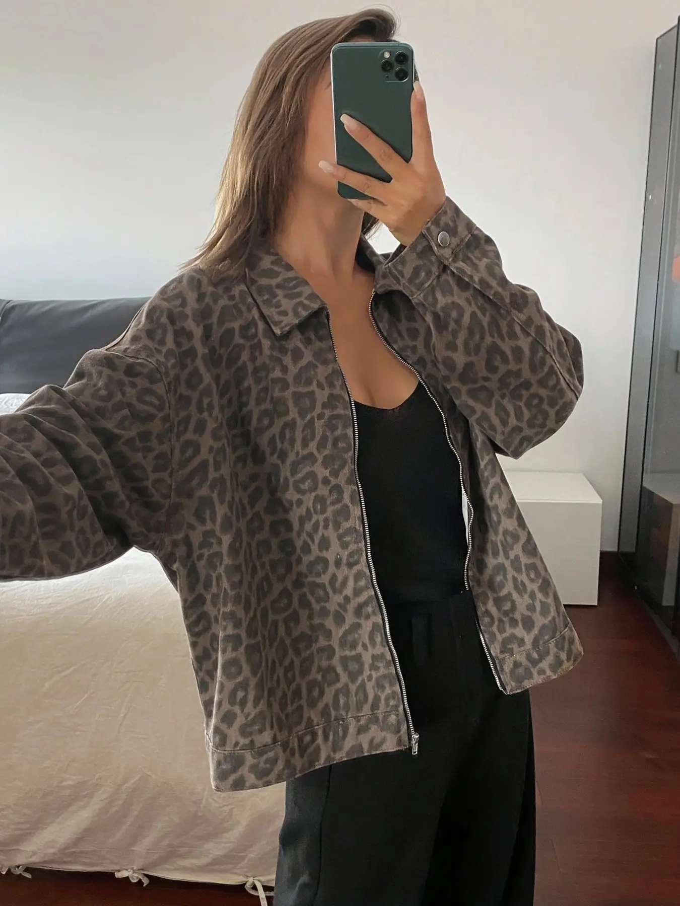 Casual Retro Zipper Leopard Print Denim Long Sleeve Jacket Coats for Women, Stylish, Fashion and Comfortable Outerwear, Perfect for Everyday Wear Fit