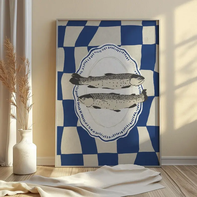 Sardines Poster, Blue Sardines Wall Art, Retro Sardines Print, Blue Checkered Print, Fish Kitchen Decor, Dining Room Decor, Retro Kitche