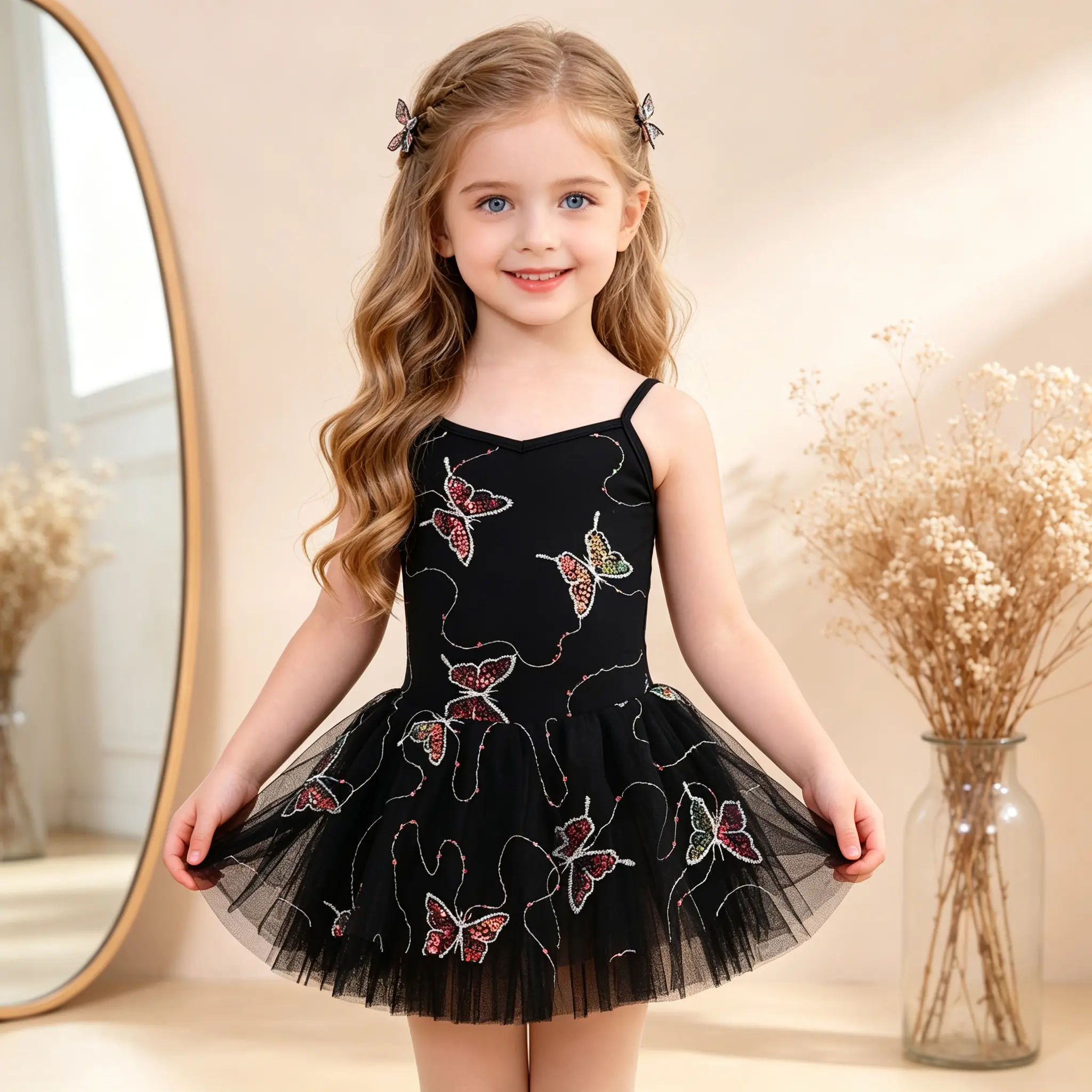 Girls’ butterfly sequin-embroidered ballet tutu leotard, tulle dance dress with spaghetti straps for little girls, soft stretch dancewear for ballet class, recital performance, and parties