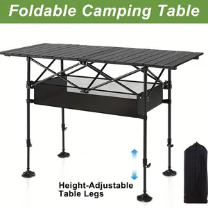 1-Piece Height-Adjustable Folding Camping Table with Mesh Pocket & Carry Bag, Lightweight & Portable Outdoor Picnic Table for Camping, BBQ, Beach, Backyard, Parties (Modern Striped Design, Sturdy Structure)