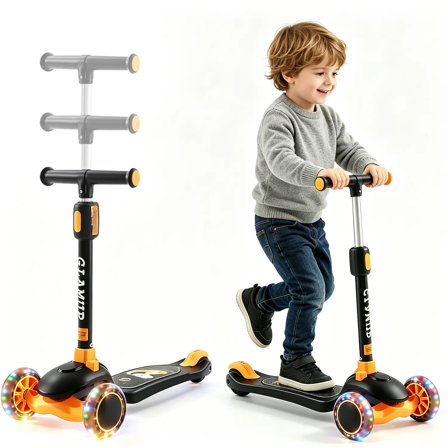 Glamup Kick Ride-On for Kids Ages 3-12, 3-Wheel Foldable Toy, Urban Style with Glow-in-the-Dark LED Wheels & Adjustable Height, Cool Christmas Gifts, Unisex, Birthdays, Urban Look, 3 - 4 Years