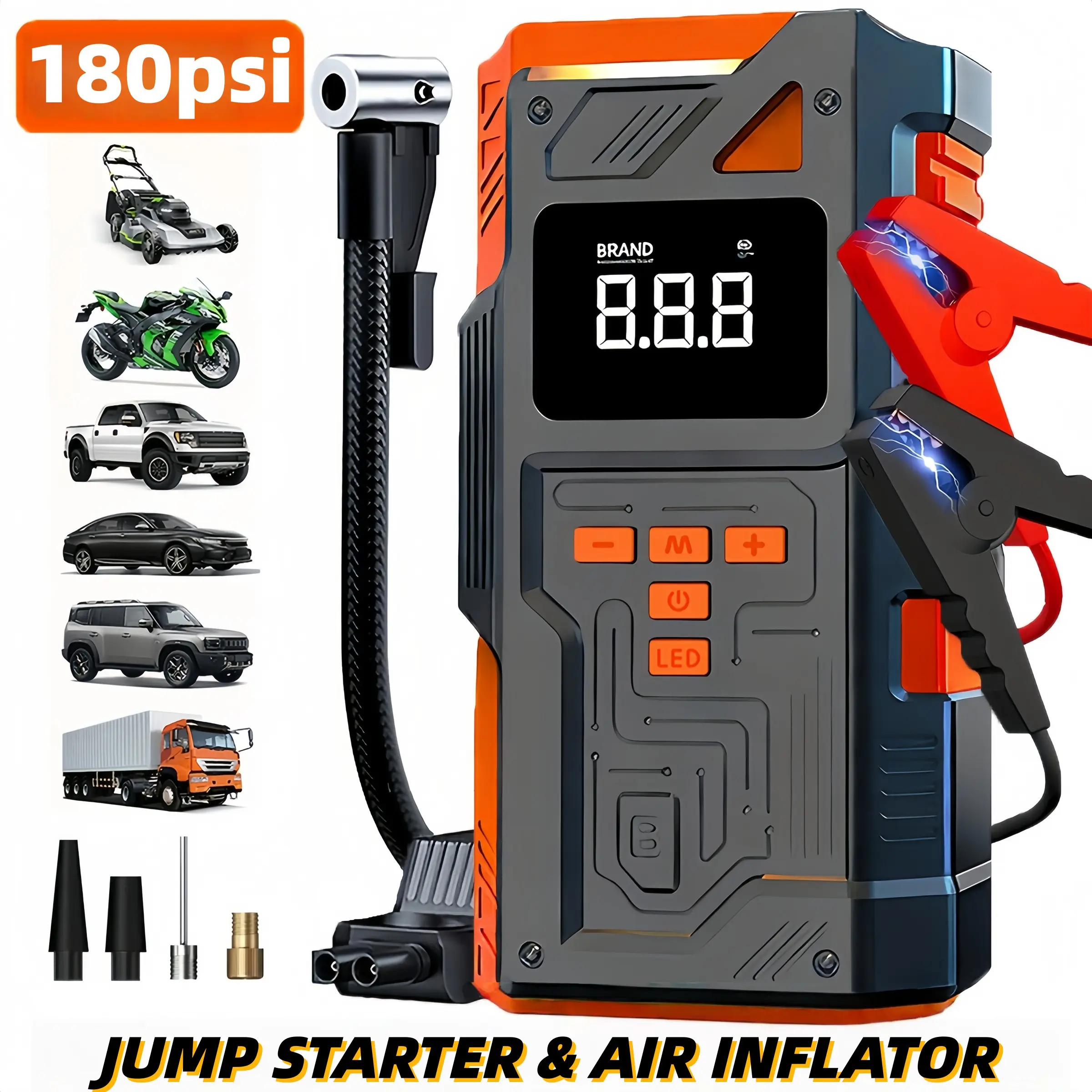 10-in-1 Wireless Car Repair Tools, Car Digital Tire Inflator, Tire Inflator Cordless (including 180 PSI air compressor and 12/24V battery boost starter, 8000mAh battery pack, tire pressure monitor, flashlight, jumper connector and inflation accessories)