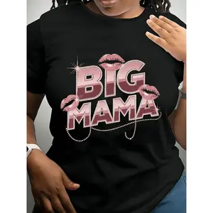 Plus Size Women's Big Mama Graphic T Shirt Black Short Sleeve Round Neck Casual Micro Elastic Fabric Spring Summer Fall Fashion Comfortable Fit