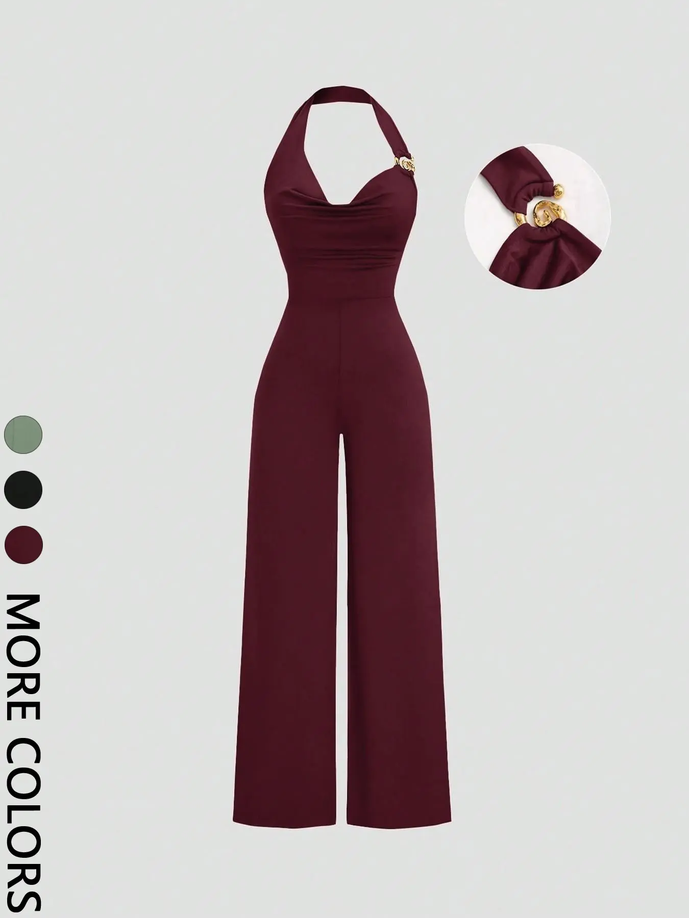 Women's Fashionable Chic Backless Metal Decor Slim Fit Jumpsuit, Casual Daily Commuting Outfit, halter，Summer