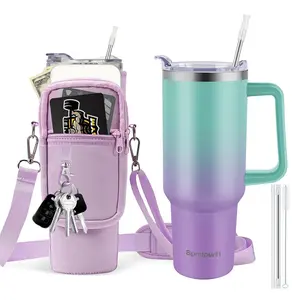 40oz Stainless Steel Double Vacuum Tumbler with Handle for Travel Coffee Mug for Men and Women with Straw Lid Carrier Bag Sleeve Holder and Purse Pouch Phone Pocket