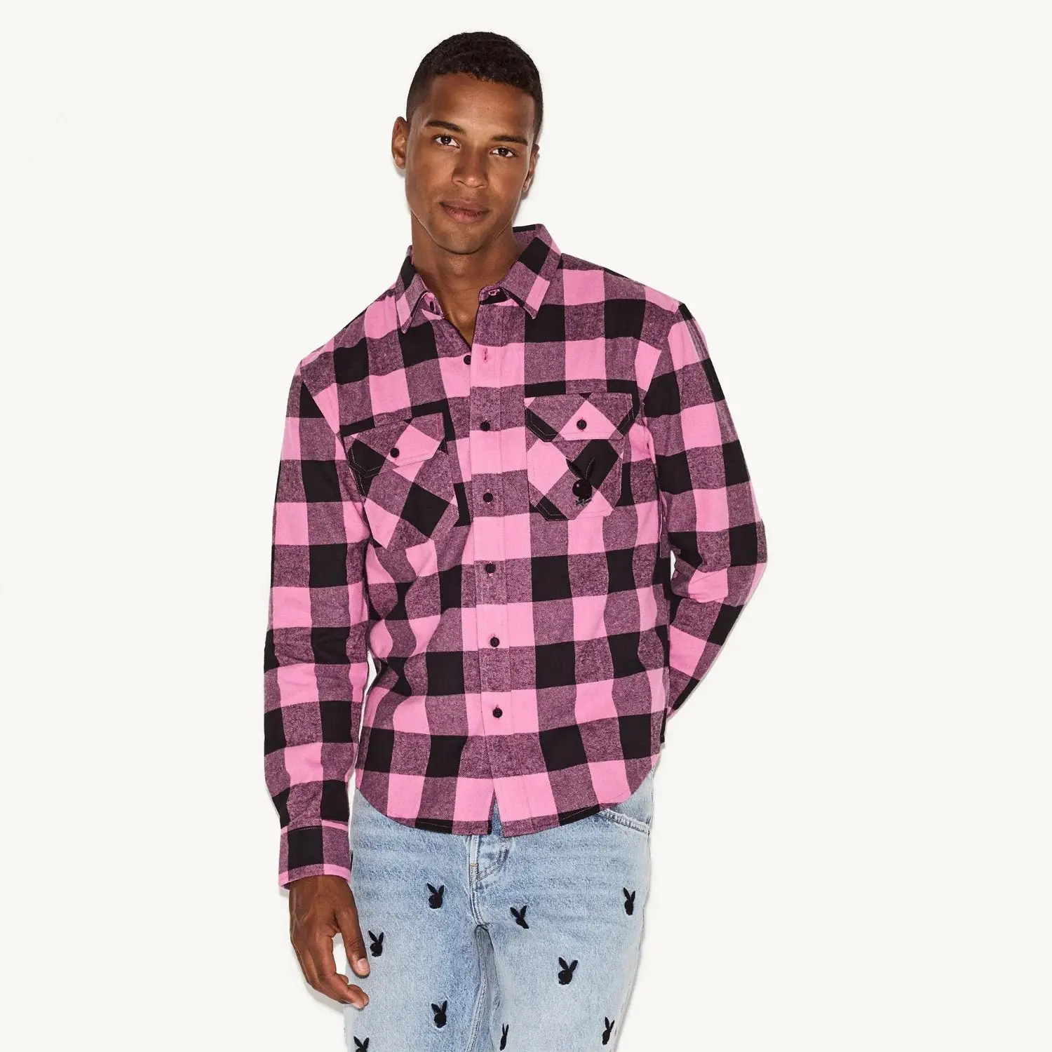 Playboy Men's Pink Flannel Long Sleeve Shirt