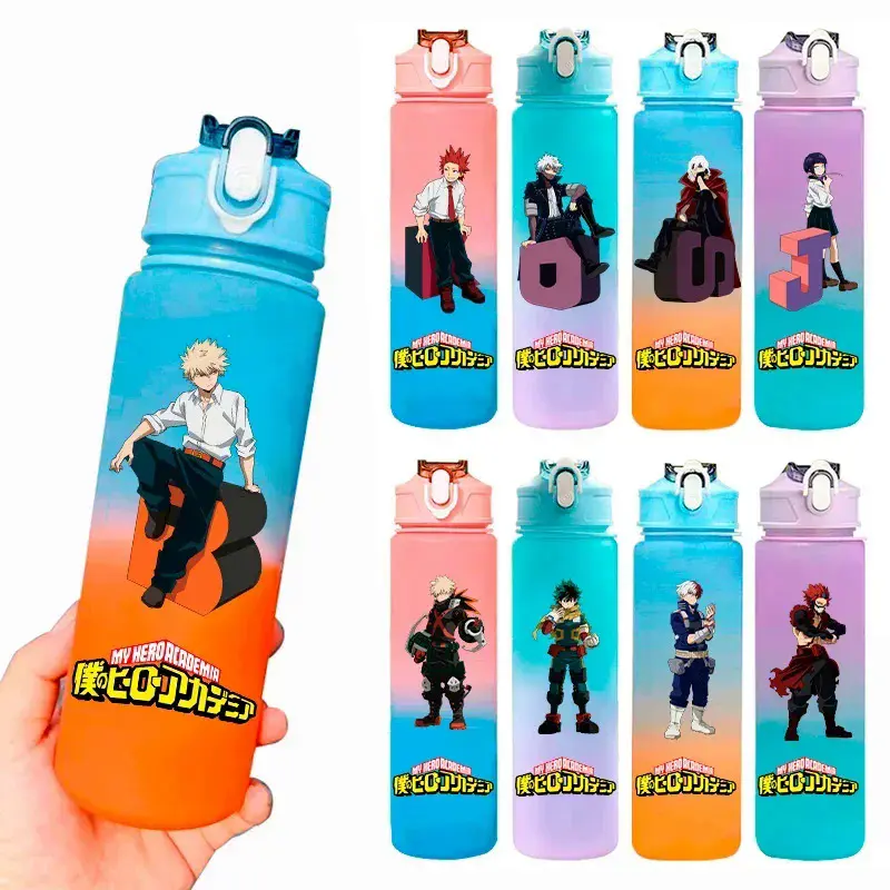 My Hero Academia 750ml Gradient Water Bottle, Leak Resistant Sports Drink Bottle with Portable Strap, Reusable Plastic Water Bottle for Travel & Outdoor Activities