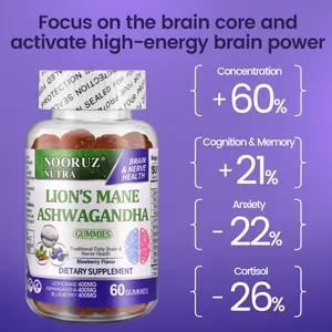 NOORUZ 4-in-1 Brain Anti-Aging Gummies - Supports memory and brain cell function, improves brain fog and forgetfulness - Contains Lion's Mane, Ashwagandha, and Magnesium, suitable for men and women Fitness Mushroom Complex