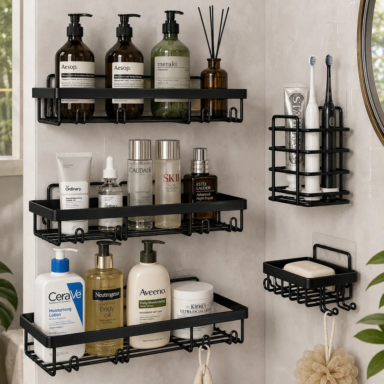 5 Pack Adhesive Shower Caddy, No Drill Black Shower Organizer Shelves for Inside Shower, Rustproof Stainless Steel Bathroom Organizer with Hooks, Soap Holder & Toothbrush Holder, Large Capacity Bathroom Storage for Apartment, Dorm, RV