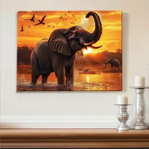 Majestic Elephant Sunset Canvas Wall Art – Framed Wildlife Decor for Living Room, Bedroom, or Office – High-Quality Print on White Semi-Gloss Canvas – Wooden Frame Included, Elephant Decor, 2D Flat