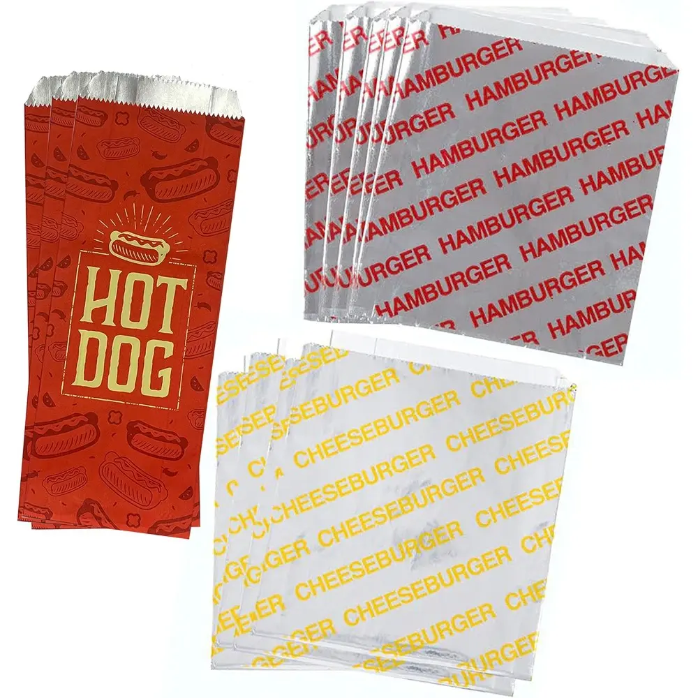 Printed Foil Sacks for Hamburger, Cheeseburger and Hot Dog-24 Hamburger Bags, 24 Cheeseburger Bags and 48 Hot Dog Bags (Silver, Red, Yellow)