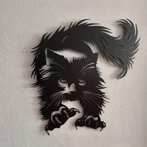 2D Jumping Cat Metal Wall Decor, Silhouette with Flowing Fur Details, Wall Art, Horizontal Hanging Decoration for Living Room & Bedroom, Home Decor Accessory, Modern Home Decor