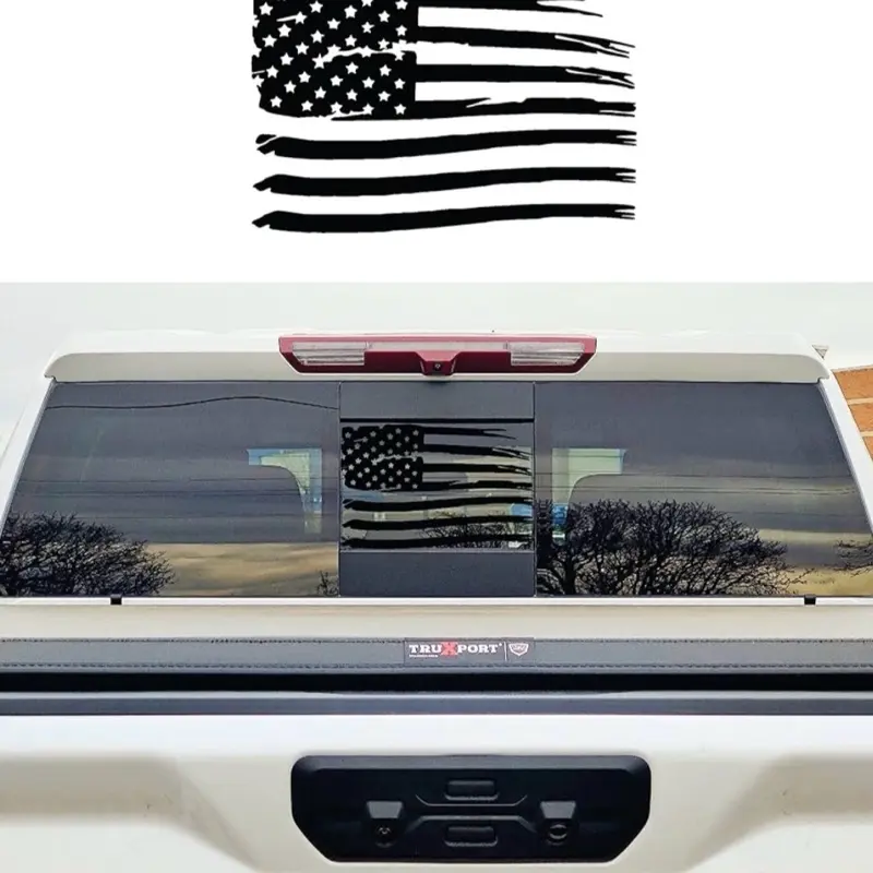 Chevy Silverado 1500/2500/3500 (2019-2022) Truck | Rear Middle Window American Flag Decals Sticker | Proudly Made in The US (Distressed)