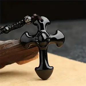Obsidian Cross Pendant Necklace, Lucky Amulet Protection Talisman With Black Bead Chain, Unisex Gift For Men & Women