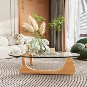 Living Room Coffee Table - A Triangular Glass Coffee Table With A Wooden Base. Abstract Dining Table, Study Room, Office, Hotel Balcony (Walnut TransparentWoodBlack Tea Table), Versatile And Comfortable Pedestal Tabletop Mode