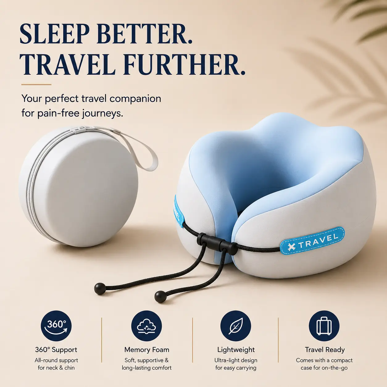 Cloud Travel Neck Pillow - Ergonomic 3-Zone Memory Foam Support, Cooling Breathable Fabric, 360° Neck Support, Compact Lightweight EVA Case
