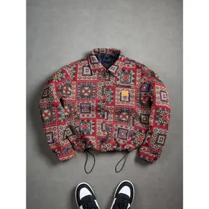 Bohemian Ethnic Geometric Coach Jacket | Vibrant Red Tapestry Zip-Up
