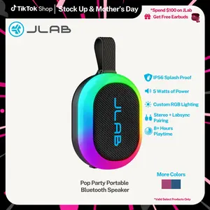 JLab Pop Party Ultra-Portable Bluetooth Speaker 5W Driver 8+ Hours Playtime RGB Lighting IPX5 Splashproof Audio & USB-C Charging with Detachable Loop Handle