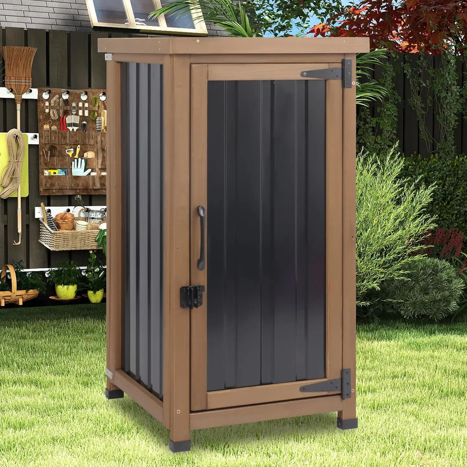 Petscosset Outdoor Storage Cabinet Waterproof with Metal Top, Wooden Potting Bench Table Tool Organizer with Adjustable Shelf