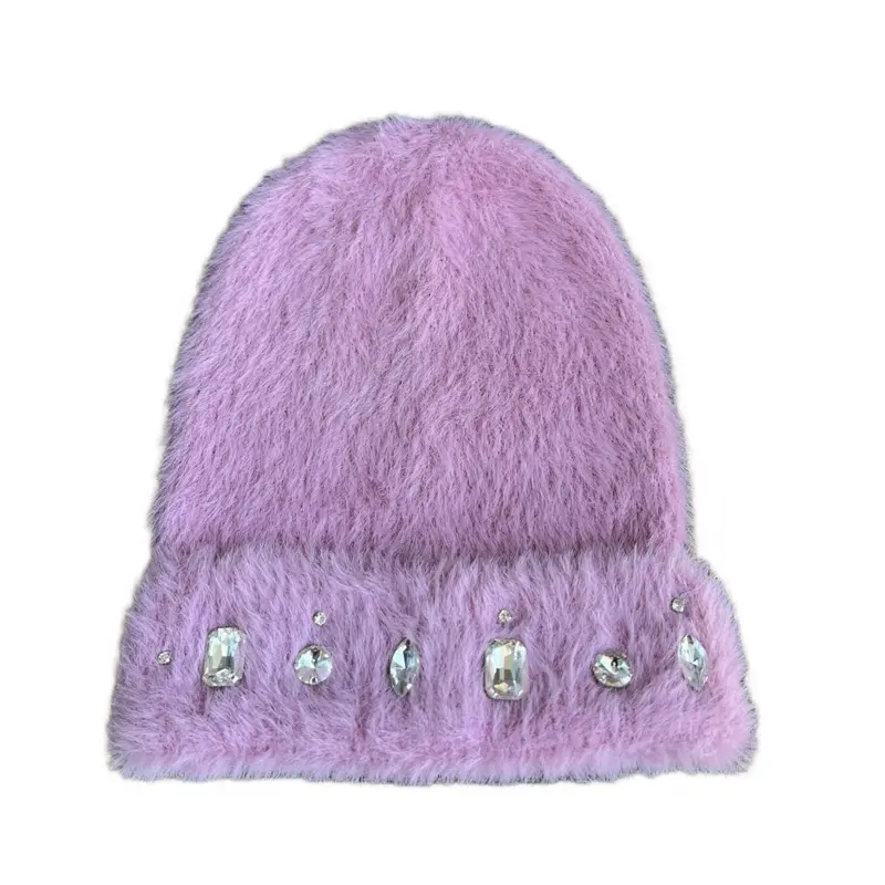 Pink Jeweled Fuzzy Beanie with Sparkling Rhinestones for Winter Fashion