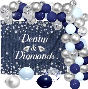 Denim & Diamonds Party Decorations - 60x48 Inch Backdrop, 5 Dark & Light Blue, 5 Silver Balloons, Sparkling Diamond Design for Bachelorette, Birthday, Wedding Decor Banners Sequin