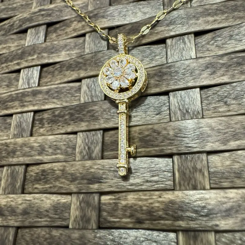 AlexisLeaCollection Gold Spinning Key-Shape (Type #3) Necklace with Cubic Zirconia – Anxiety Relief Jewelry, Fidget Necklace for Anxiety Relief Jewelry