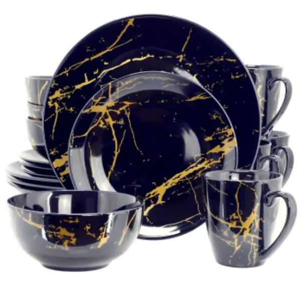 Elama 16-Piece Round Fine Marble Porcelain Tableware Set - Dark Blue with Gold Veining, Includes Bowls