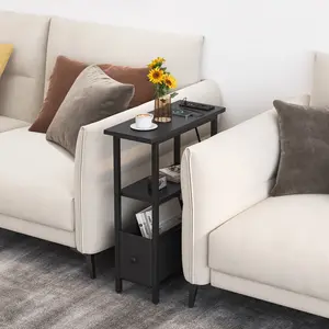 Narrow Side Table with Charging Station, Skinny End Table for Small Spaces, Thin Sofa Side Table with 1 Fabric Drawer, Slim Nightstand for Living Room, Bedroom
