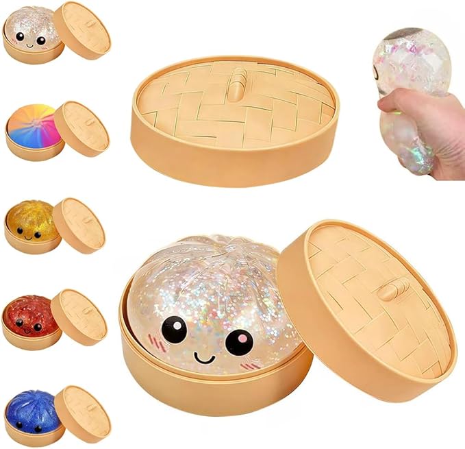 Cute Crystal Steamed Bun Fidget Toy — A sensory finger toy and squeezable stress reliever, featuring a squishy, elastic design and a miniature steamer basket