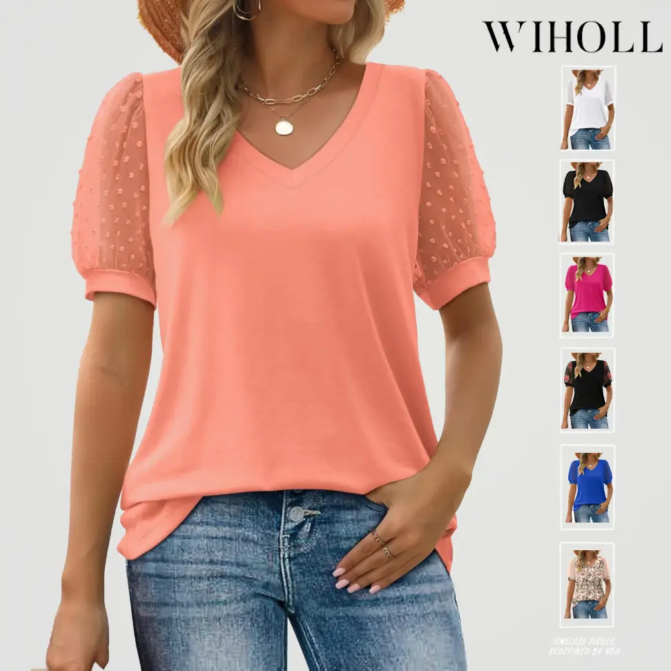 WIHOLL Womens SwimWeek Summer Tops V Neck T Shirts Swiss Dot Puff Sleeve Tops Loose Casual Tshirts SpringStatements Blouse Womenswear