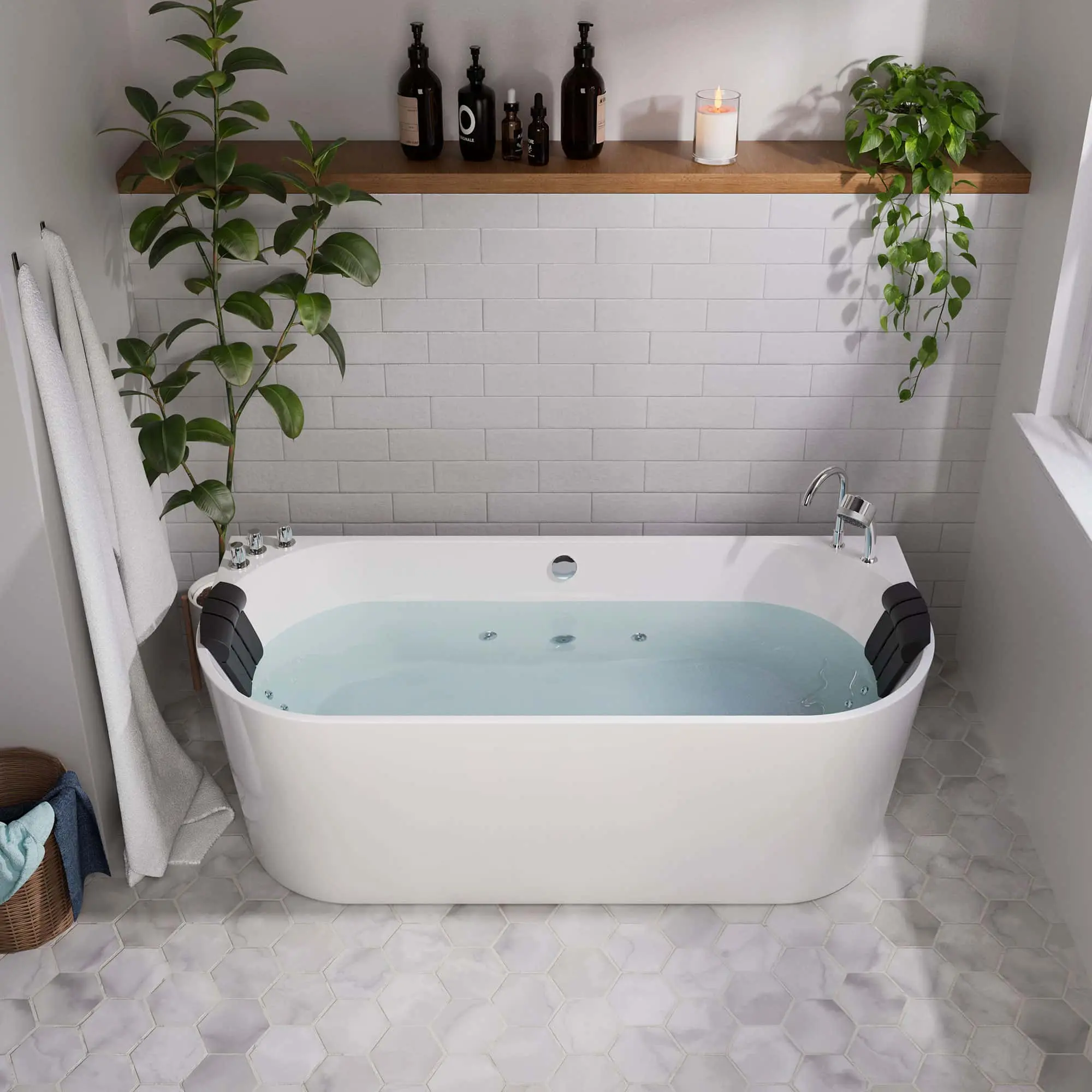 EMPAVA 71-Inch Acrylic Rectangle Freestanding Hydrotherapy Bathtub - Double-Ended Design, Massaging Whirlpool Tub with Center Drain, Lumbar Arch Support, Easy to Clean, Soothes the Entire Body