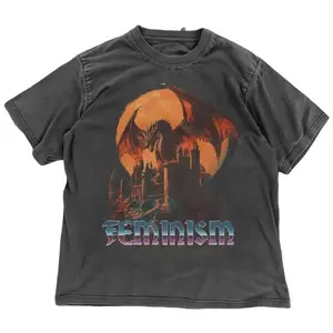 Feminism Dragon Graphic T-Shirt - Gothic Fantasy Dragon Castle Tee - Feminist Dark Fantasy Tee - Vintage Feminism Graphic Tee Shortsleeve Menswear