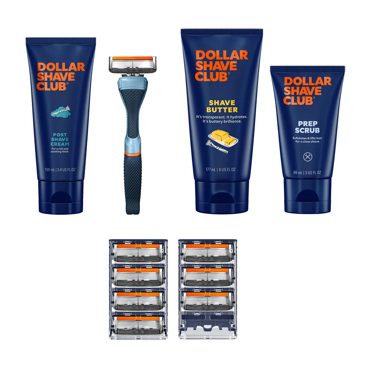 Dollar Shave Club Men's Full Shave Routine Bundle – Diamond Grip Handle + 6-Blade Razor + Prep Scrub + Shave Butter + Post Shave Cream